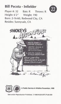 1988 Kansas City Royals Smokey #22 Bill Pecota Back