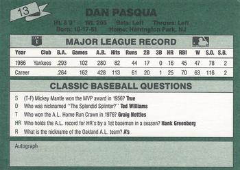 1987 Classic #13 Dan Pasqua Back