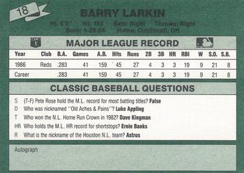 1987 Classic #18 Barry Larkin Back