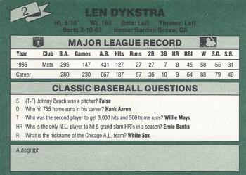 1987 Classic #2 Len Dykstra Back