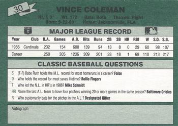 1987 Classic #30 Vince Coleman Back