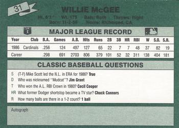 1987 Classic #31 Willie McGee Back