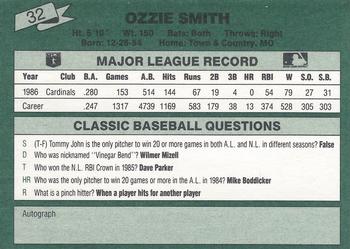 1987 Classic #32 Ozzie Smith Back