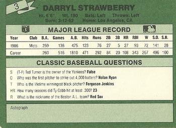 1987 Classic #3 Darryl Strawberry Back