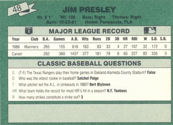 1987 Classic #48 Jim Presley Back