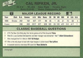 1987 Classic #52 Cal Ripken Jr. Back