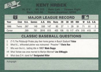 1987 Classic #53 Kent Hrbek Back