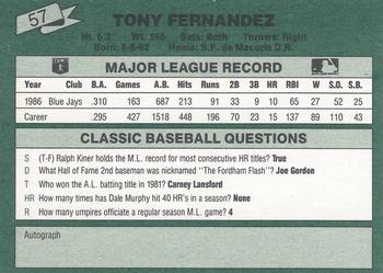 1987 Classic #57 Tony Fernandez Back