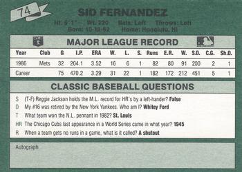 1987 Classic #74 Sid Fernandez Back