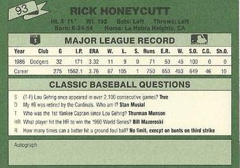1987 Classic #93 Rick Honeycutt Back