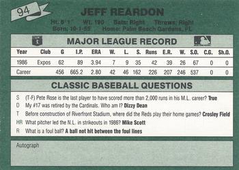 1987 Classic #94 Jeff Reardon Back