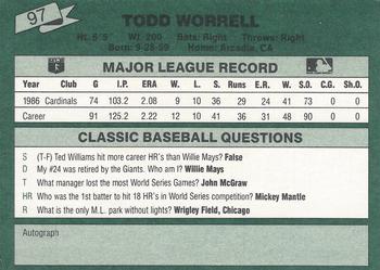 1987 Classic #97 Todd Worrell Back