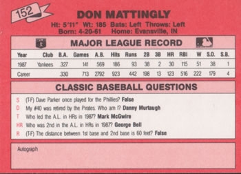 1988 Classic Red #152 Don Mattingly Back