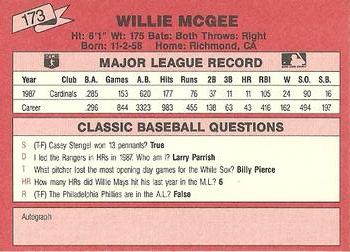 1988 Classic Red #173 Willie McGee Back