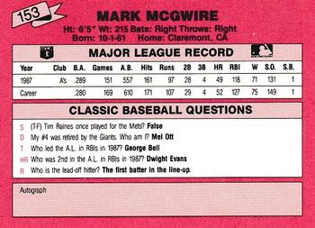 1988 Classic Red #153 Mark McGwire Back