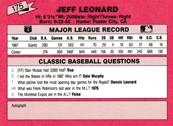 1988 Classic Red #175 Jeff Leonard Back