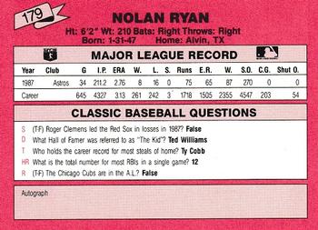 1988 Classic Red #179 Nolan Ryan Back