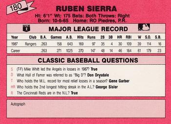 1988 Classic Red #180 Ruben Sierra Back