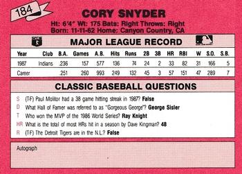1988 Classic Red #184 Cory Snyder Back