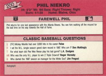 1988 Classic Red #200 Phil Niekro Back