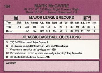 1989 Classic #104 Mark McGwire Back