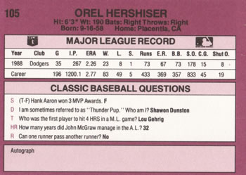 1989 Classic #105 Orel Hershiser Back