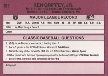 1989 Classic #131 Ken Griffey, Jr. Back