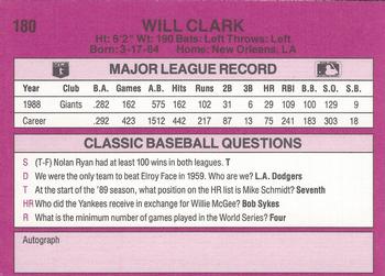 1989 Classic #180 Will Clark Back