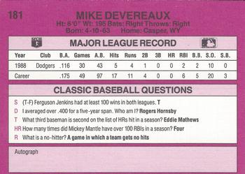1989 Classic #181 Mike Devereaux Back