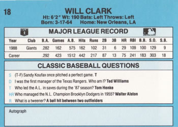 1989 Classic #18 Will Clark Back