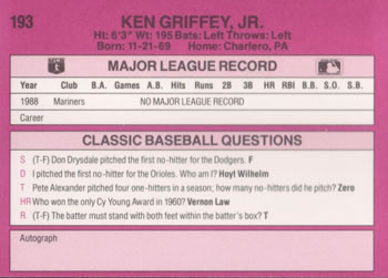 1989 Classic #193 Ken Griffey, Jr. Back