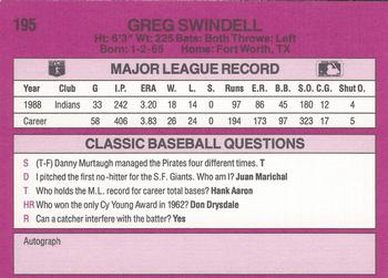 1989 Classic #195 Greg Swindell Back