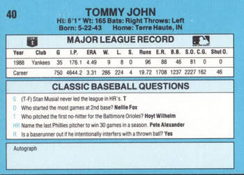 1989 Classic #40 Tommy John Back