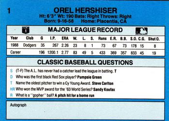 1989 Classic #1 Orel Hershiser Back