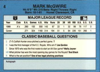 1989 Classic #4 Mark McGwire Back