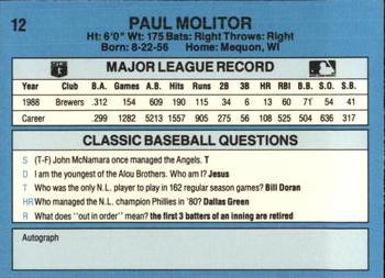 1989 Classic #12 Paul Molitor Back