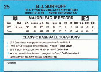 1989 Classic #25 B.J. Surhoff Back