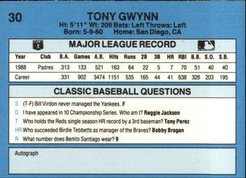 1989 Classic #30 Tony Gwynn Back