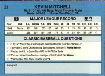 1989 Classic #31 Kevin Mitchell Back