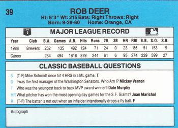 1989 Classic #39 Rob Deer Back