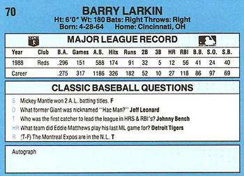 1989 Classic #70 Barry Larkin Back