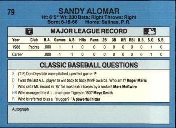 1989 Classic #79 Sandy Alomar Back