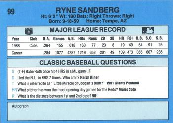 1989 Classic #99 Ryne Sandberg Back
