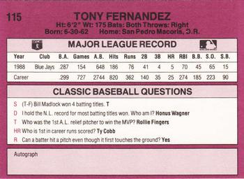 1989 Classic #115 Tony Fernandez Back