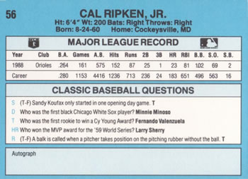 1989 Classic #56 Cal Ripken, Jr. Back