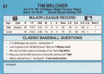 1989 Classic #57 Tim Belcher Back