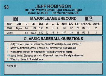 1989 Classic #93 Jeff Robinson Back