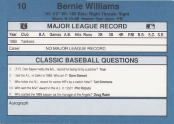 1990 Classic Blue #10 Bernie Williams Back