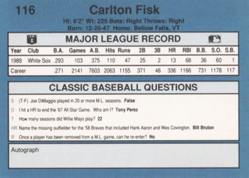 1990 Classic Blue #116 Carlton Fisk Back