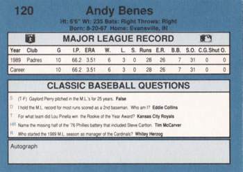 1990 Classic Blue #120 Andy Benes Back